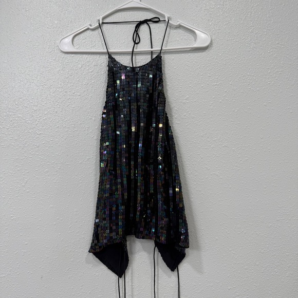 Ann Taylor Tops - Ann Taylor Iridescent Sequin 100% Silk Halter Top Open Back Handkerchief Hem 10